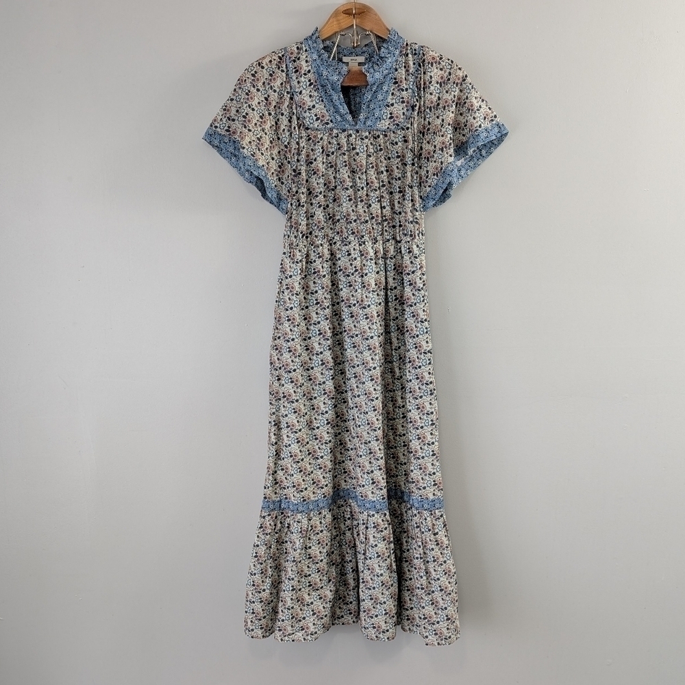 Othilia Dress Womens XS Blue Pink Floral Titania Flounced Maxi Cottage Peasant